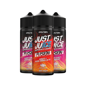 Three bottles of Just Juice Fusion e-liquid in vibrant, colourful packaging.