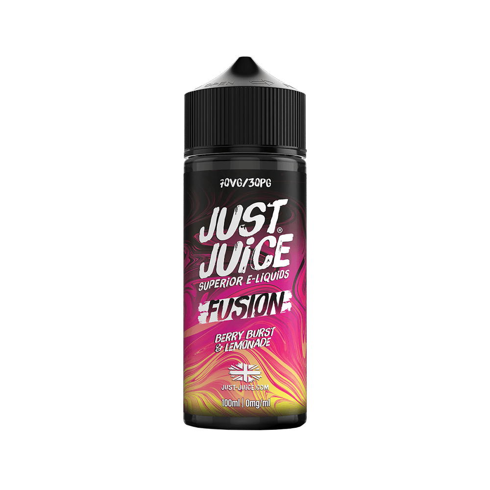 Just Juice Fusion 100ml bottle, Berry Burst & Lemonade flavour, black and pink label.