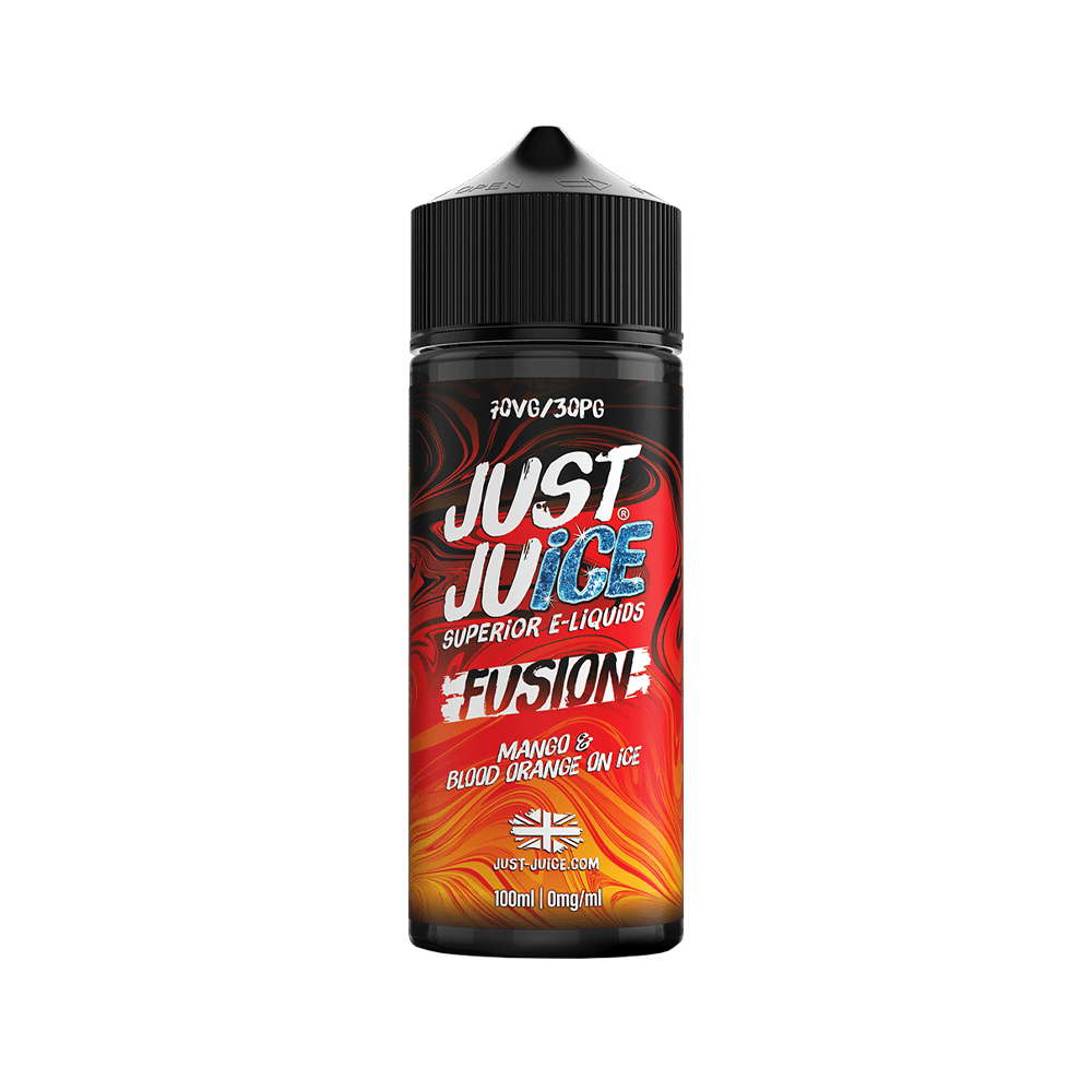 Just Juice Fusion e-liquid bottle with mango and blood orange flavour design.