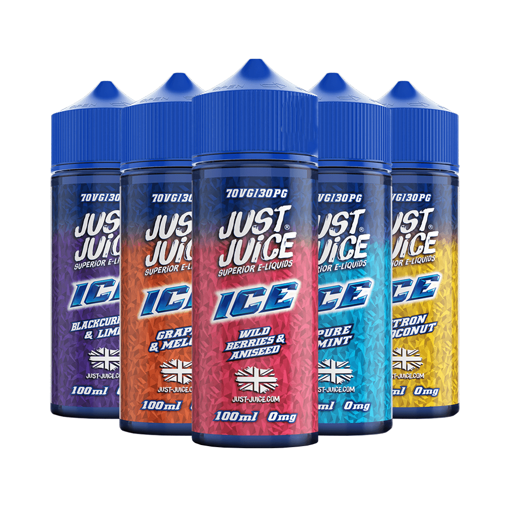 Just Juice ICE e-liquids in 100ml bottles, featuring flavours like Blackcurrant Lime and Lemon Coconut.