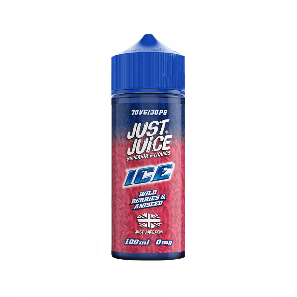 Just Juice Ice Wild Berries & Aniseed 100ml e-liquid bottle with blue cap.