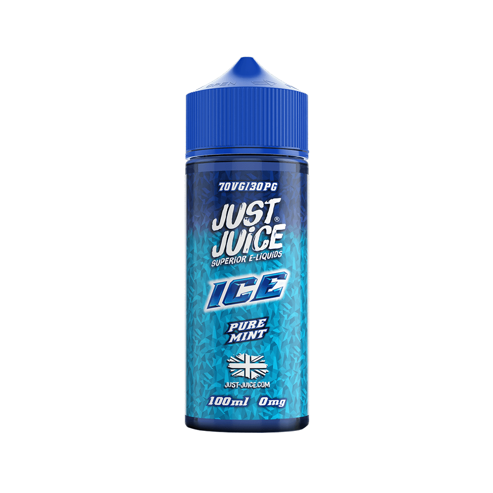 Just Juice Ice Pure Mint e-liquid bottle, 100ml, blue label, UK flag icon.