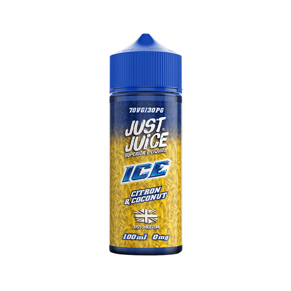 Just Juice Ice Citron & Coconut 100ml vape juice bottle with blue cap and UK flag logo.