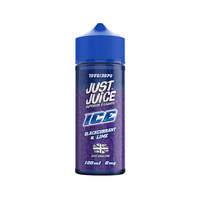 Just Juice Ice Blackcurrant & Lime 100ml e-liquid bottle with blue cap.