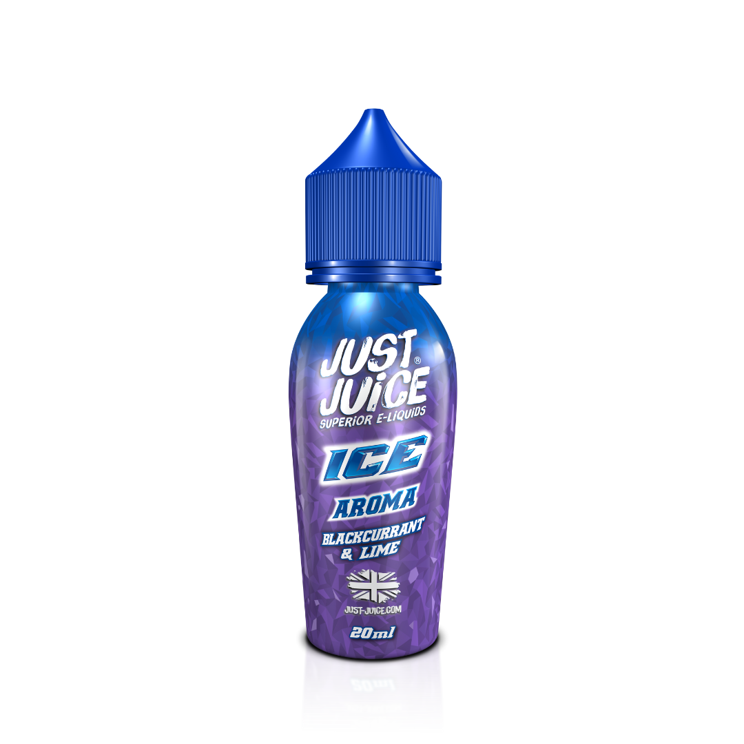 Just Juice Ice Blackcurrant & Lime Aroma 20ml bottle with blue cap, UK flag logo.