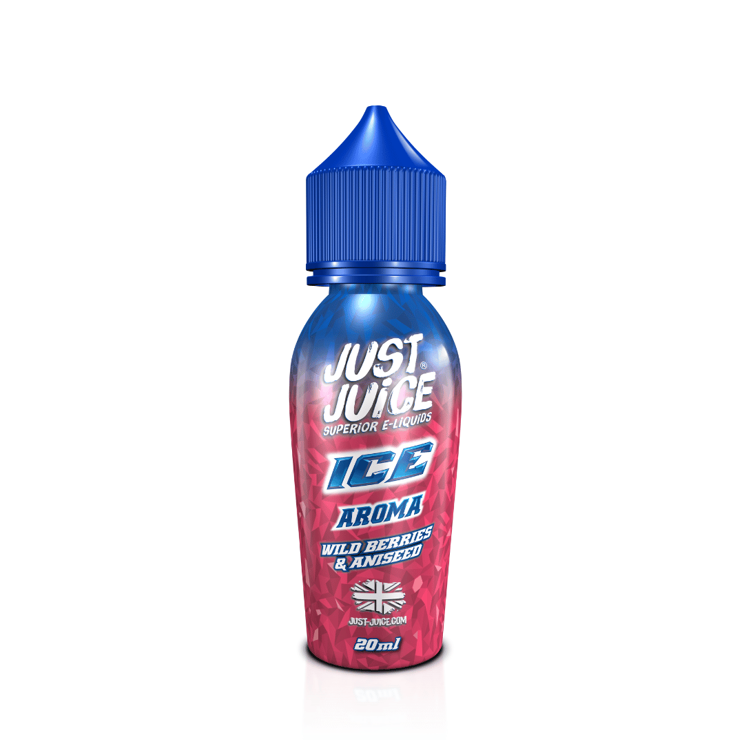 Just Juice Ice Aroma 20ml bottle, Wild Berries & Aniseed flavour, blue cap.