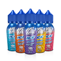 Five Just Juice Ice Aroma e-liquid bottles in various flavours, each with a blue cap.