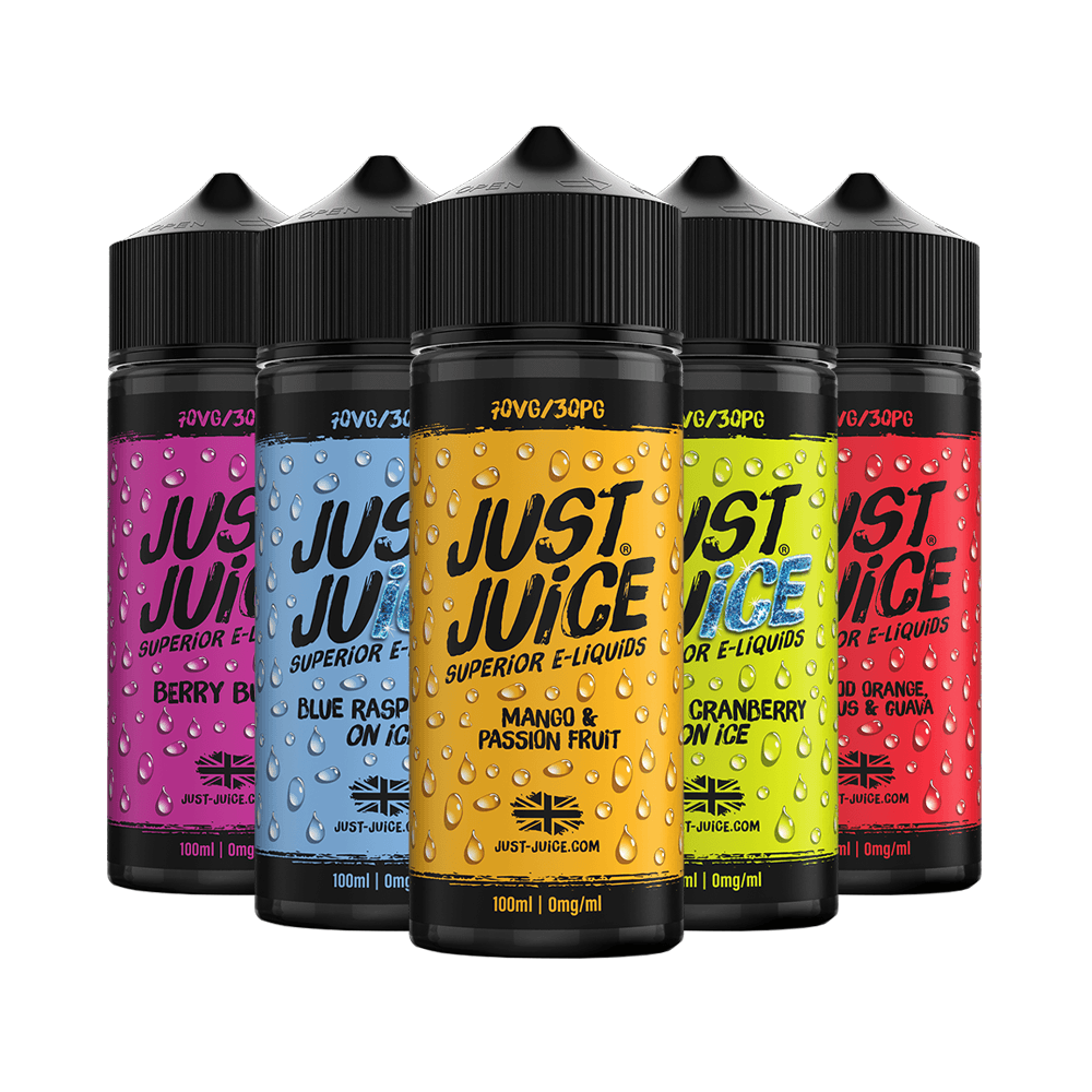 Five Just Juice e-liquid bottles in various flavours, including Mango & Passion Fruit.