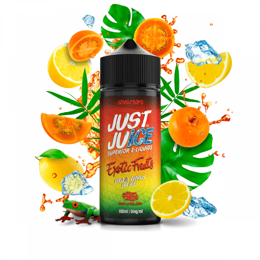 Just Juice Exotic Fruits e-liquid bottle with citrus and tropical fruits, ice cubes, and a chameleon.