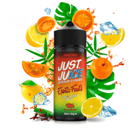 Just Juice Exotic Fruits e-liquid bottle with citrus and tropical fruits, ice cubes, and a chameleon.