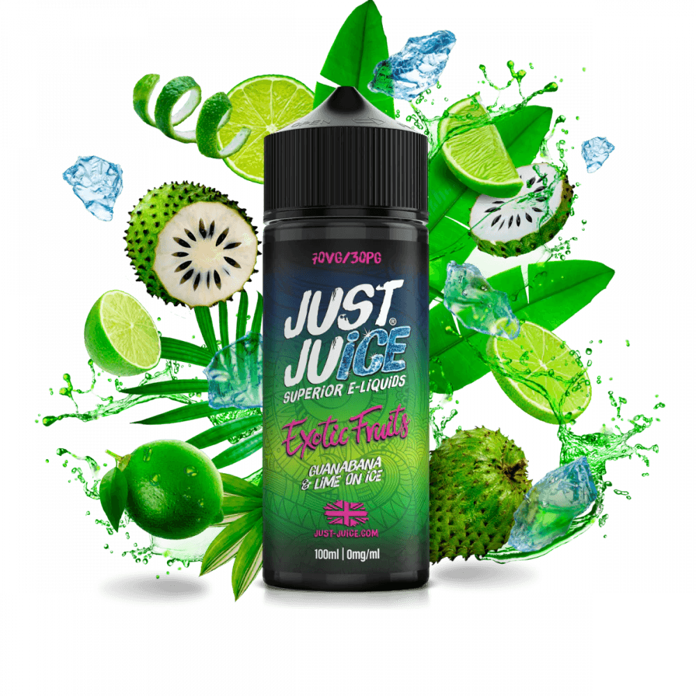 Just Juice Exotic Fruits e-liquid bottle surrounded by tropical fruits and ice cubes.