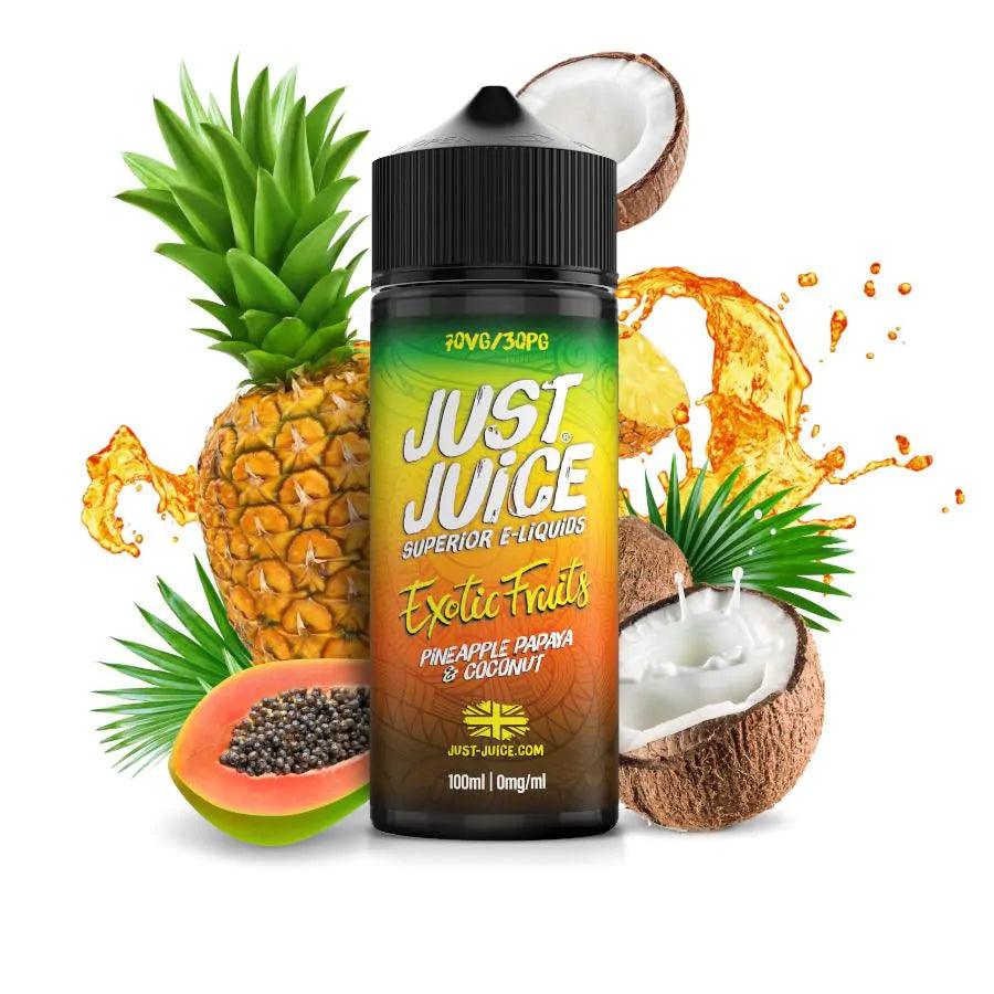 Just Juice Exotic Fruits e-liquid bottle with pineapple, coconut, and papaya in the background.