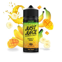 Just Juice Banana & Mango e-liquid bottle with banana and mango slices floating around.