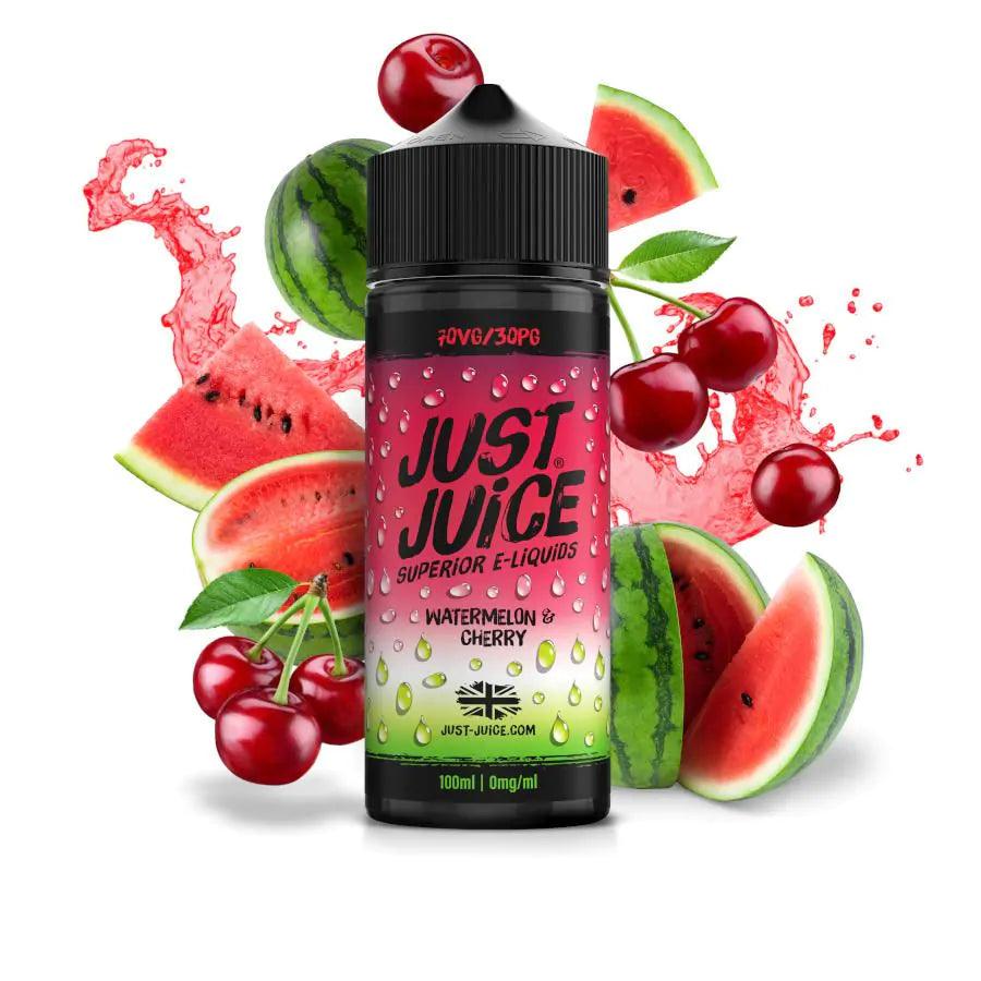 Just Juice Watermelon & Cherry e-liquid bottle with watermelon and cherry splashes in the background.