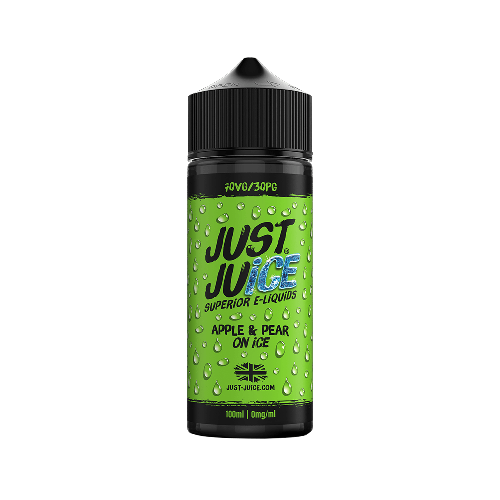 Just Juice Apple & Pear On Ice 100ml bottle with green label and black cap.