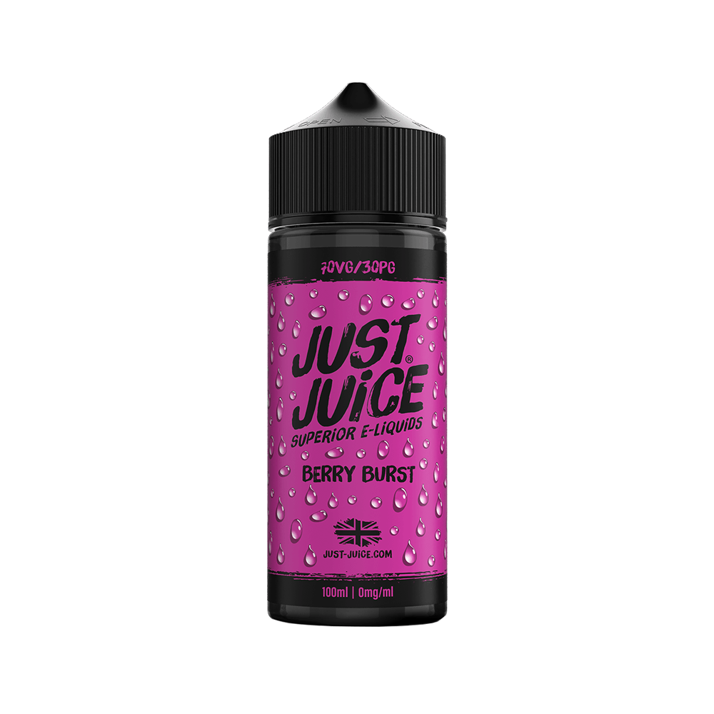 Just Juice Berry Burst e-liquid bottle, 100ml shortfill, pink label with black cap.