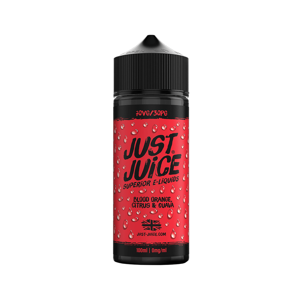 Just Juice Blood Orange Citrus & Guava 100ml e-liquid bottle with red label and black cap.