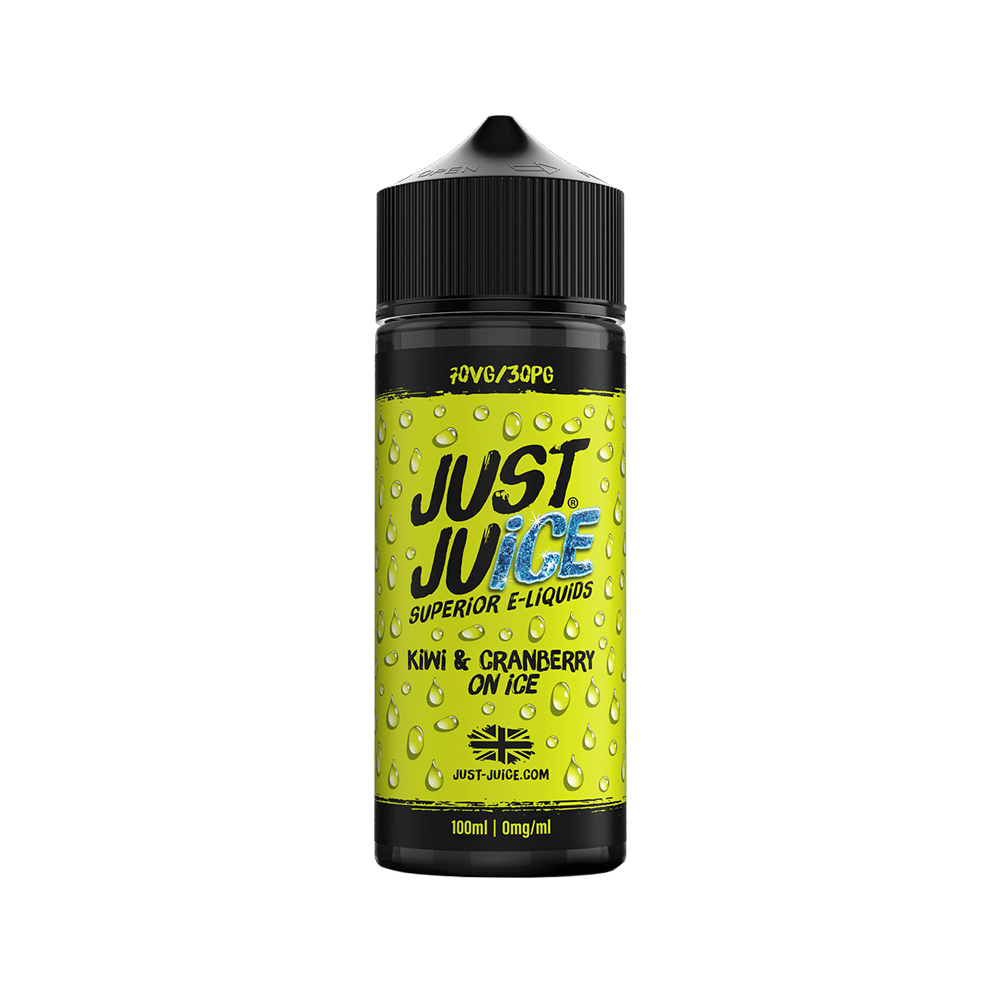 Just Juice Kiwi & Cranberry On Ice 100ml vape juice bottle with vibrant green label.