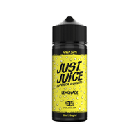 Just Juice Lemonade e-liquid bottle, 100ml, yellow label with droplet design.