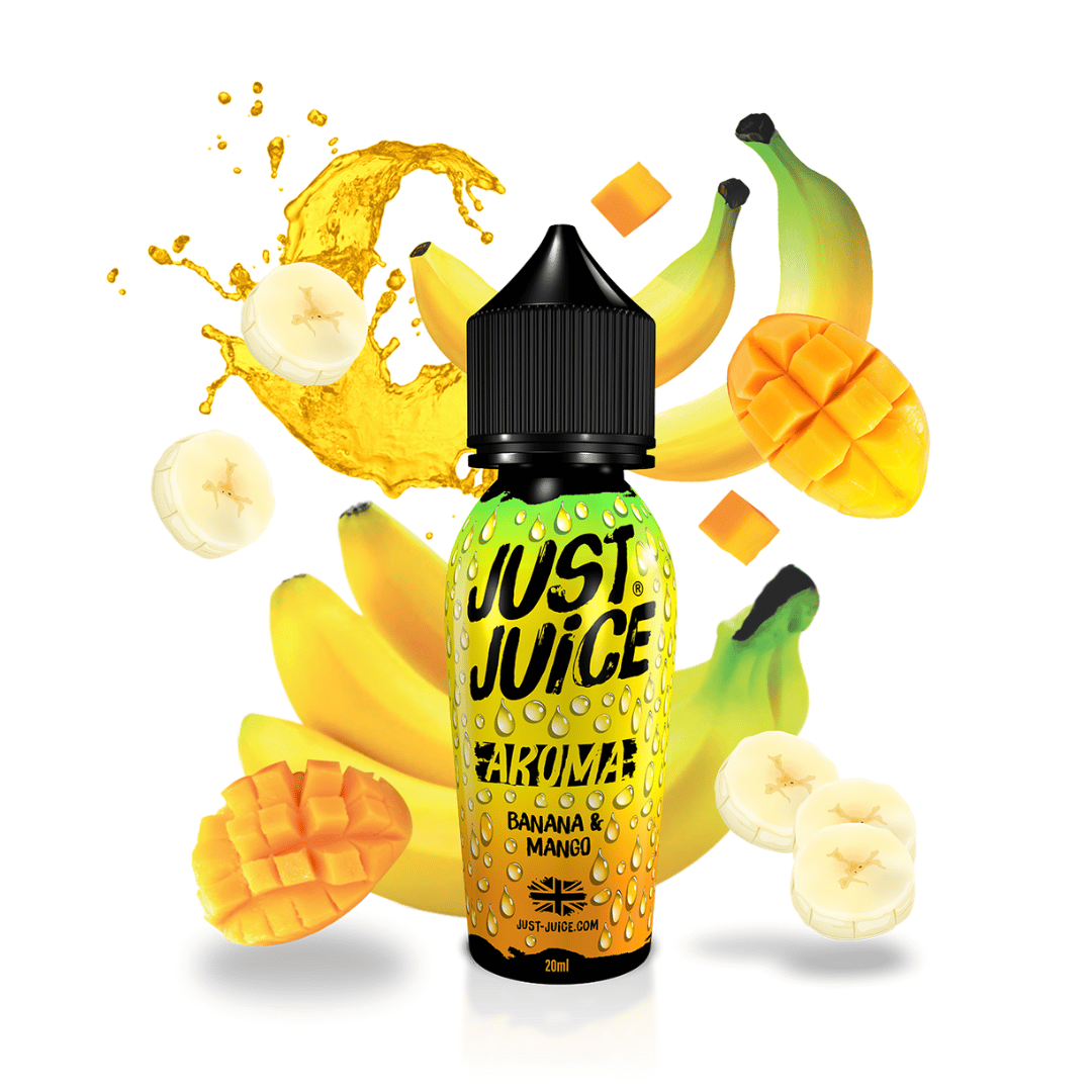 Just Juice Aroma Banana & Mango bottle with fresh bananas and mangoes in the background.