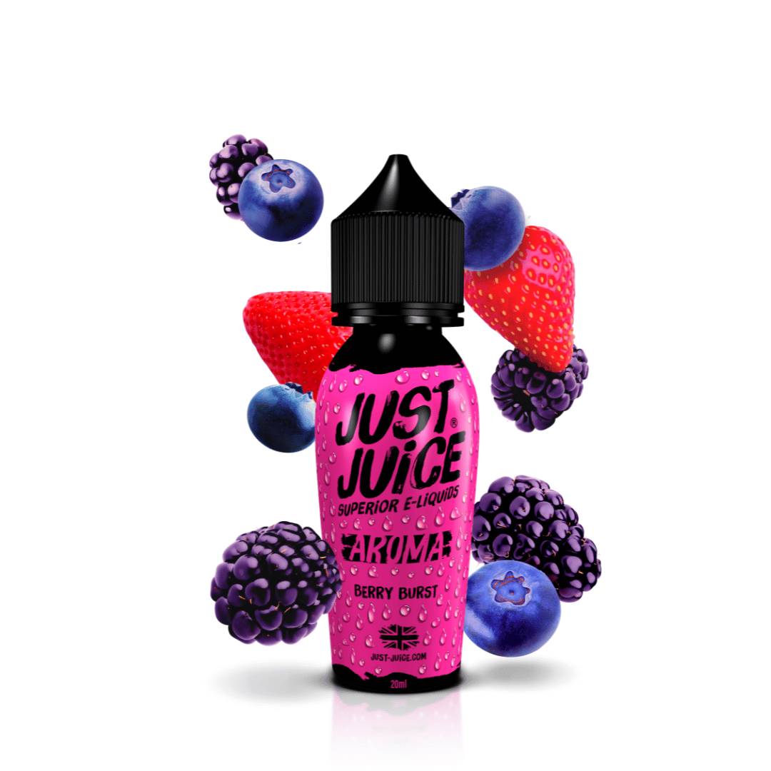 Just Juice Berry Burst e-liquid with berries and a pink label.