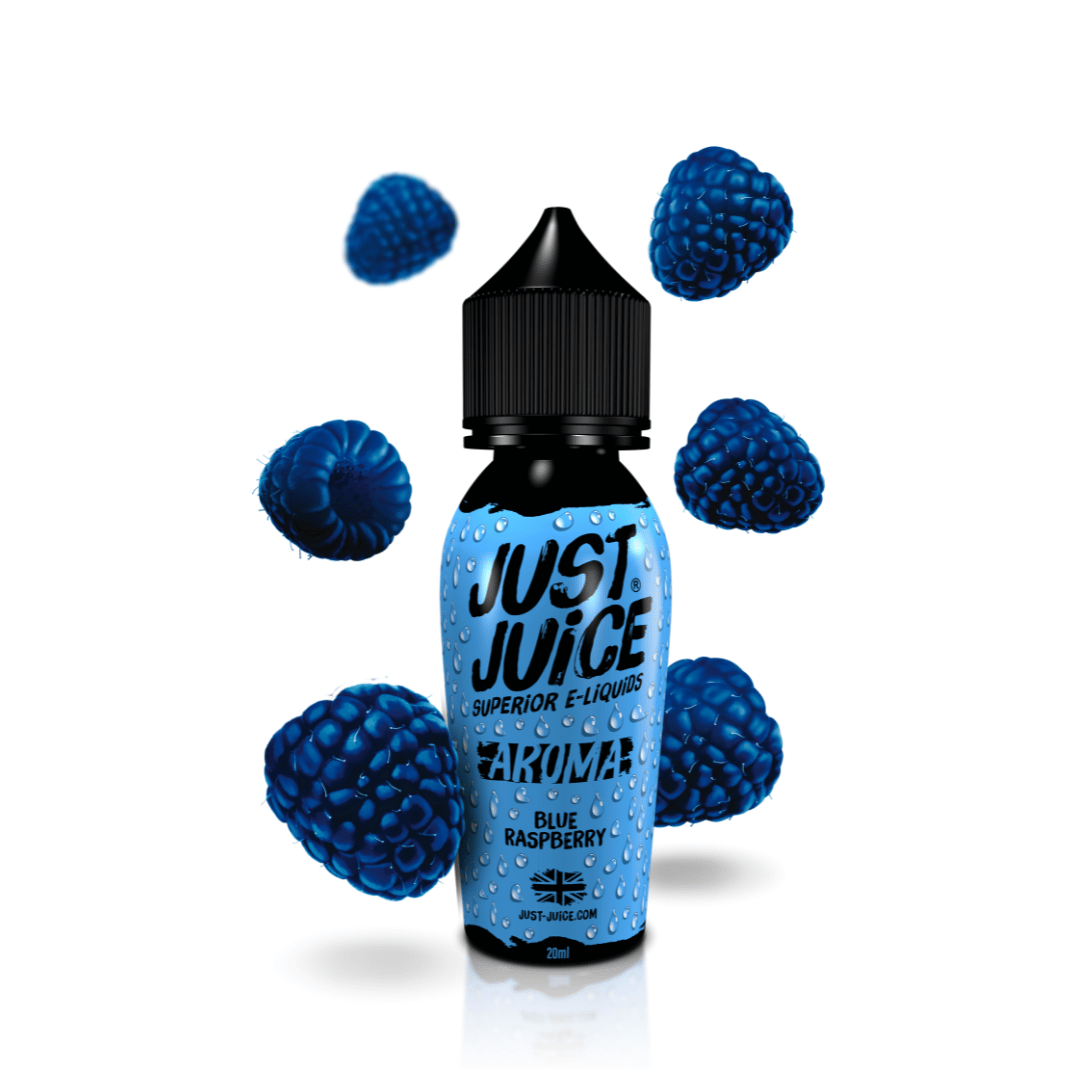 Just Juice Blue Raspberry Aroma bottle with floating blue raspberries around it.