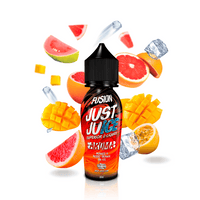 Just Juice Fusion Aroma bottle with mango, blood orange, and ice cubes in vibrant display.