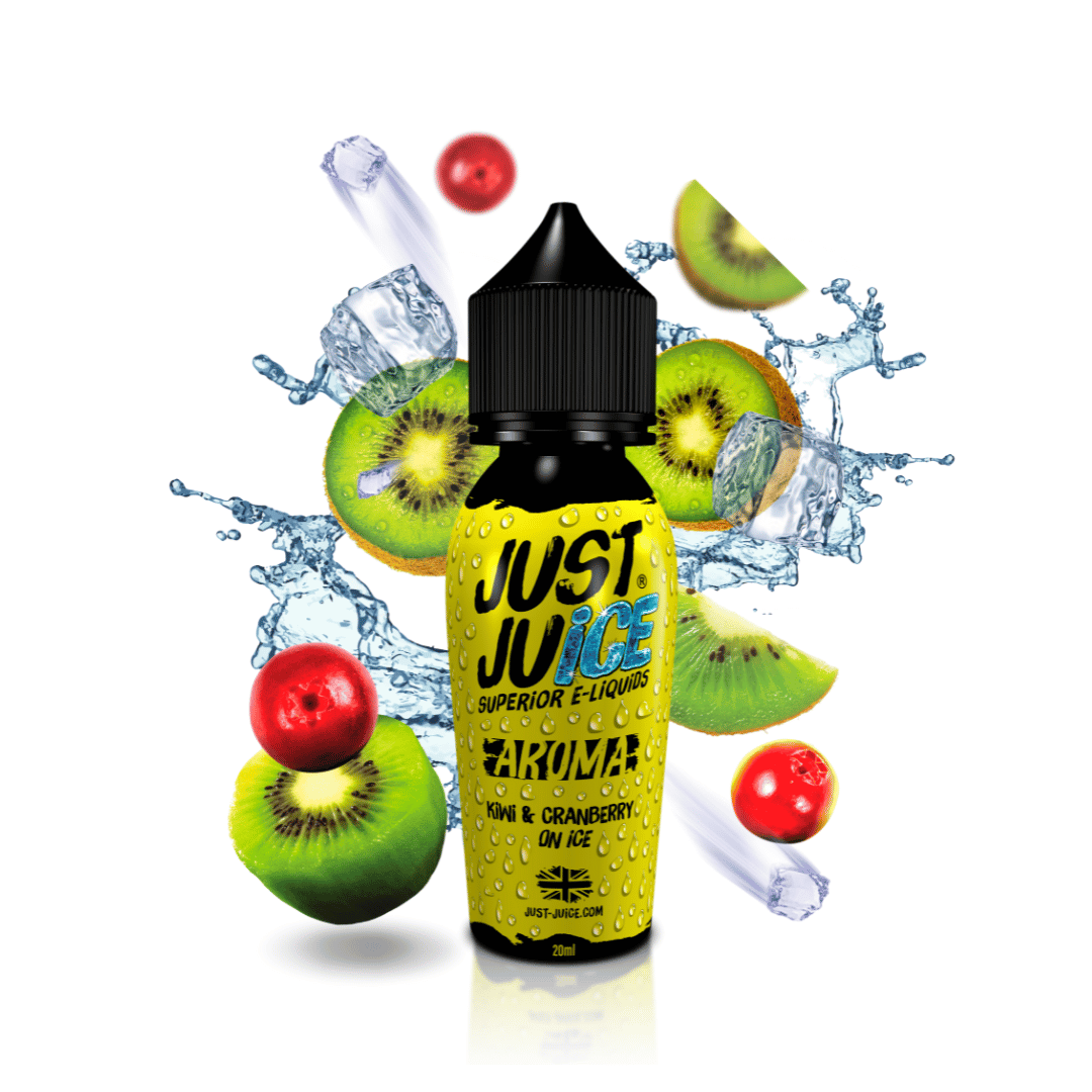 Just Juice Kiwi Cranberry Ice e-liquid bottle with kiwi, cranberry, and ice splash background.