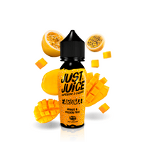 Just Juice Aroma Mango & Passion Fruit e-liquid bottle with sliced mango and passion fruit.