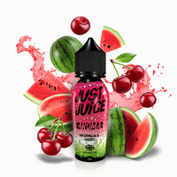 Just Juice Aroma Watermelon & Cherry e-liquid with vibrant fruit splashes and fresh fruits.