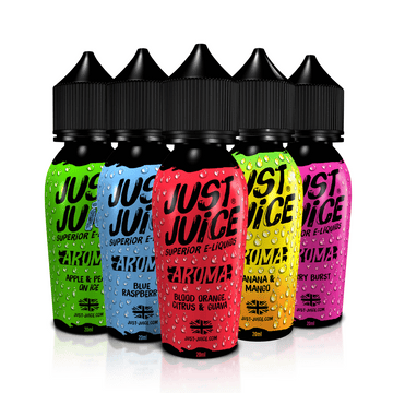 Five Just Juice Aroma e-liquid bottles in various flavours, including Apple & Pear and Berry Burst.