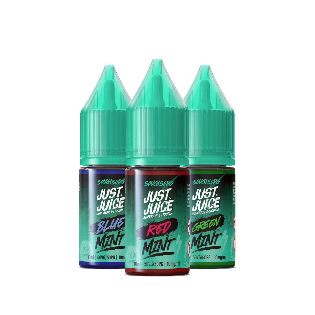 Just Juice e-liquid bottles in Blue Mint, Red Mint, and Green Mint flavours.