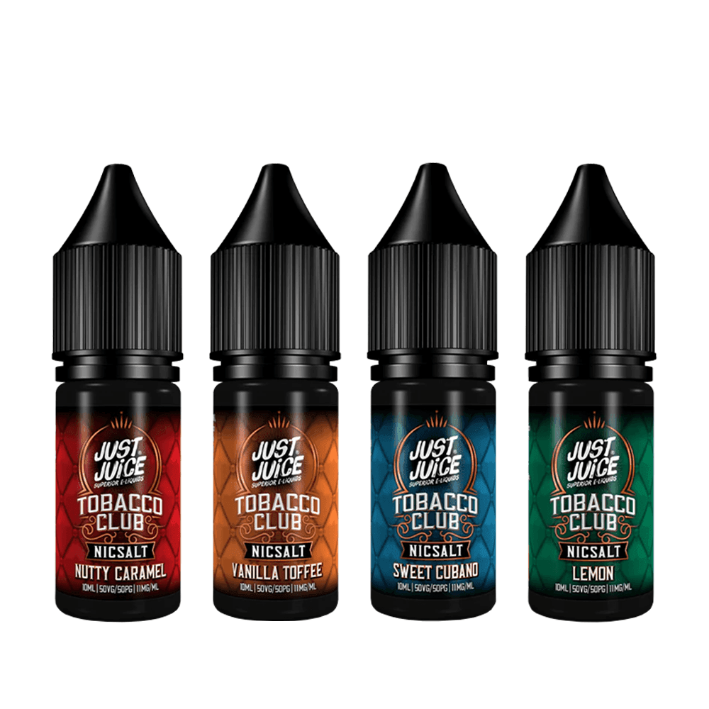 Four Just Juice Tobacco Club e-liquid bottles in various flavours.