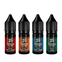 Four Just Juice Tobacco e-liquid bottles: Nutty Caramel, Vanilla Toffee, Sweet Cubano, Lemon.