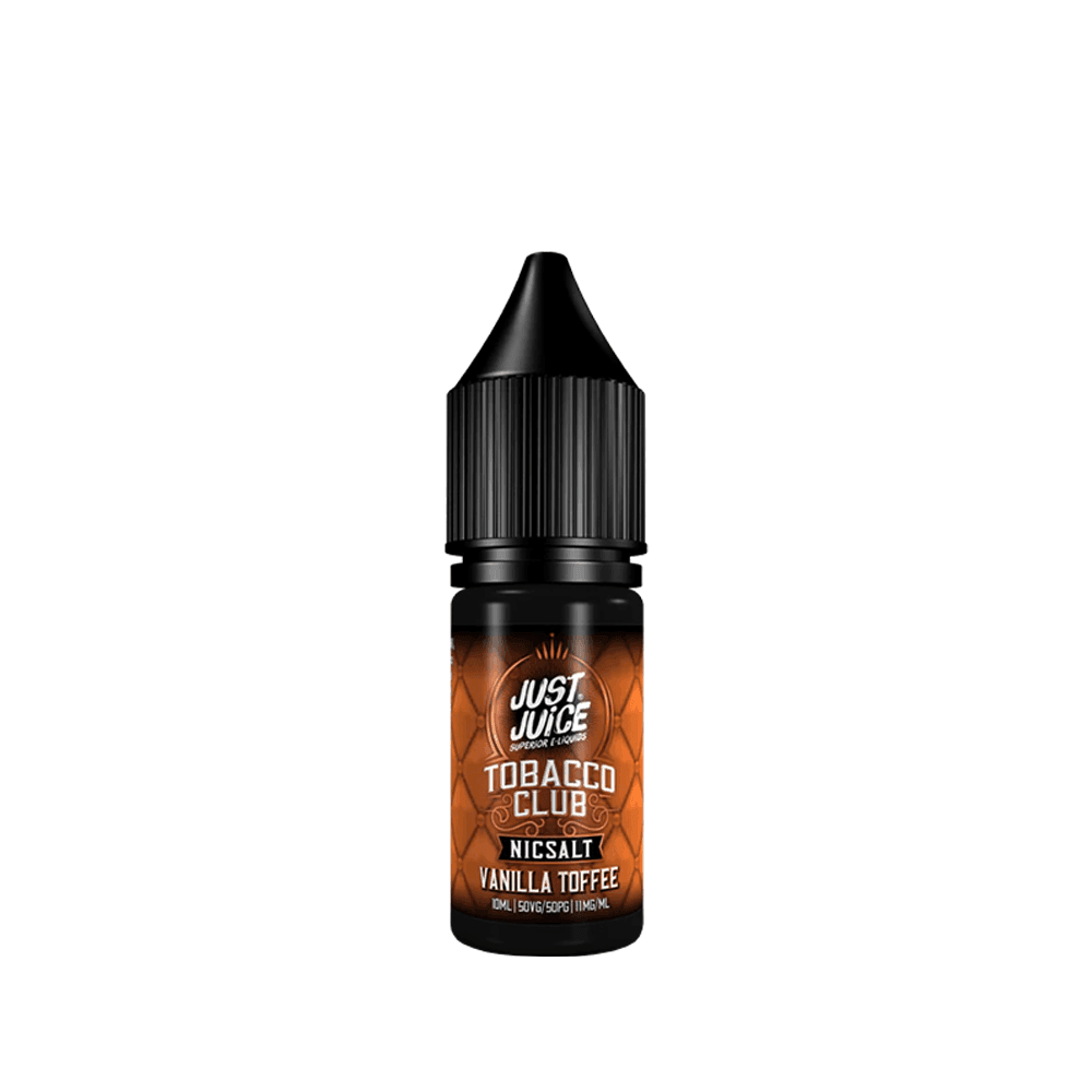 Just Juice Tobacco Club Vanilla Toffee 10ml Nic Salt bottle on a white background.