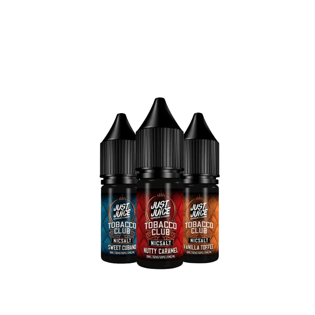 3 Just Juice Tobacco Club e-liquid bottles in various flavours.