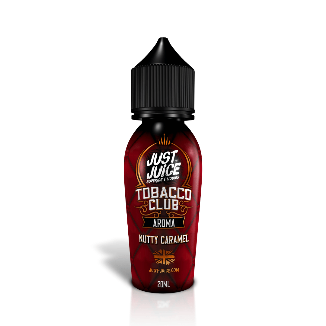 Just Juice Tobacco Club Nutty Caramel aroma bottle, 20ml, with UK flag design.