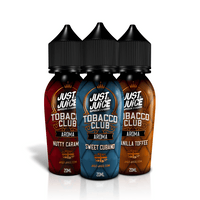 Three Just Juice Tobacco Club e-liquid bottles: Nutty Caramel, Sweet Cubano, Vanilla Toffee.