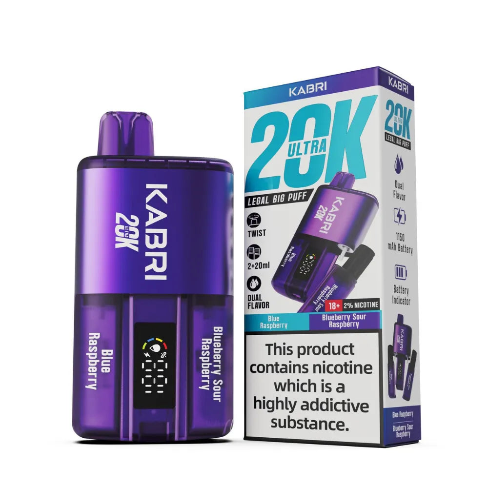 Kabri 20K Ultra Vape Pod Kit in a sleek purple design, offering dual flavours: Blue Raspberry and Blueberry Sour Raspberry. The innovative "Twist to Switch" mechanism allows seamless transitions between flavours. Designed for prolonged use, this pod delivers up to 20,000 puffs, supported by a robust 1150mAh rechargeable battery. Pre-filled with 2x20ml of e-liquid, the kit meets TPD compliance and features a handy digital puff counter for user convenience. 