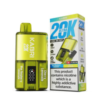 Kabri 20K Ultra Vape Pod Kit in a vibrant green finish, offering dual flavours: Blue Raspberry Lemonade and Cherry Lemonade. The device features the "Twist to Switch" function, making it easy to alternate between flavours effortlessly. With an impressive capacity of up to 20,000 puffs, this kit is powered by a robust 1150mAh rechargeable battery. It comes pre-filled with 2x20ml of e-liquid and includes a digital puff counter for added convenience. 