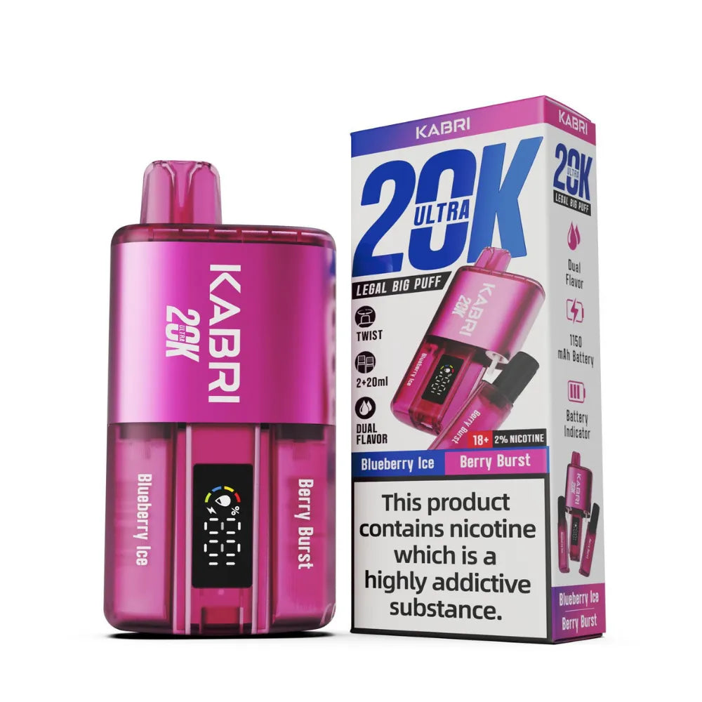 Kabri 20K Ultra Vape Pod Kit in a sleek pink design, delivering dual flavours: Blueberry Ice and Berry Burst. The device features the innovative "Twist to Switch" mechanism, allowing seamless transition between flavours. Equipped with a powerful 1150mAh rechargeable battery, the kit offers up to 20,000 puffs and comes pre-filled with 2x20ml of e-liquid. A digital puff counter adds convenience