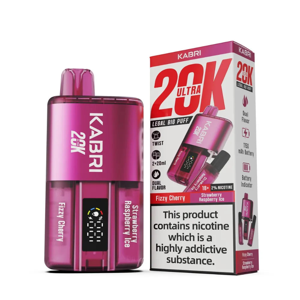 Kabri 20K Ultra Vape Pod Kit in a vibrant pink hue, featuring dual flavours: Fizzy Cherry and Strawberry Raspberry Ice. Designed with an intuitive "Twist to Switch" flavour-changing mechanism, this vape offers ultimate convenience. The device is powered by a robust 1150mAh rechargeable battery and provides up to 20,000 puffs, pre-filled with 2x20ml of e-liquid. A built-in digital puff counter ensures easy tracking