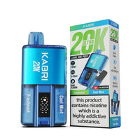  Kabri 20K Ultra Vape Pod Kit in a sleek blue design, featuring dual refreshing flavours: Freshmint and Cool Mint. Equipped with a unique "Twist to Switch" feature, users can seamlessly alternate between flavours. The device boasts a robust 1150mAh rechargeable battery, offering up to 20,000 puffs with 2x20ml of pre-filled e-liquid. A digital puff counter ensures users can conveniently track usage