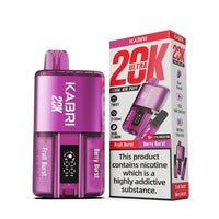 Kabri 20K Ultra Vape Pod Kit in a vibrant purple design, highlighting dual fruity flavours: Fruit Burst and Berry Burst. It offers a "Twist to Switch" mechanism for effortlessly alternating between flavours, powered by a robust 1150mAh rechargeable battery for up to 20,000 puffs. The device is pre-filled with 2x20ml of e-liquid