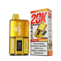 Kabri 20K Ultra Vape Pod Kit in a striking gold hue, designed for vapers who enjoy the vibrant flavours of Fruit Punch and Triple Mango. The device features a "Twist to Switch" function, allowing seamless transition between the two flavours. Equipped with a powerful 1150mAh rechargeable battery, the kit supports up to 20,000 puffs, ensuring extended use. Pre-filled with 2x20ml e-liquid