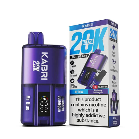 Kabri 20K Ultra Vape Pod Kit in a striking purple design, featuring the enticing flavours of Mr Blue and Blueberry Bubblegum. With a dual-flavour "Twist to Switch" mechanism, this device allows seamless switching between two premium flavours for a customisable vaping experience. It is equipped with an impressive 1150mAh rechargeable battery, offering up to a whopping 20,000 puffs, ideal for long-term use.