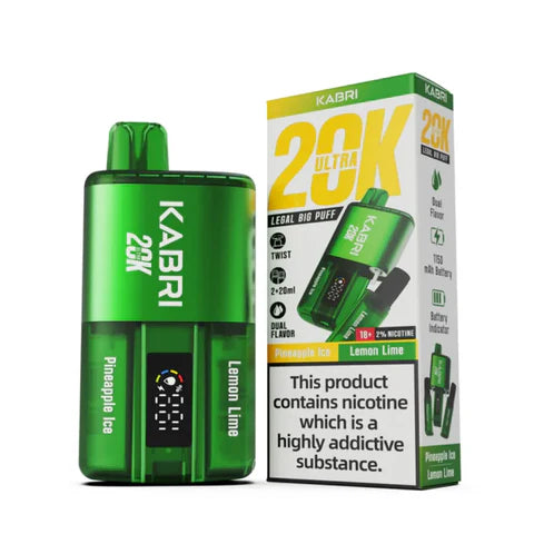  Kabri 20K Ultra Vape Pod Kit in a vibrant green design, highlighting the refreshing flavours of Pineapple Ice and Lemon Lime. The device incorporates a unique "Twist to Switch" function, allowing effortless transition between the two distinct flavours. Powered by a robust 1150mAh rechargeable battery, this vape kit delivers up to an extraordinary 20,000 puffs, ensuring long-lasting satisfaction. The pods come pre-filled with 2x20ml of e-liquid