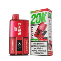  Kabri 20K Ultra Vape Pod Kit in the flavour pairing of Strawberry Kiwi and Strawberry Burst. The pod kit, styled in a striking red, complements its fruity flavour profile. Key product features are showcased on the packaging, including its "Legal Big Puff" capacity for 20K puffs, a dual-flavour twist functionality, and an 1150mAh rechargeable battery. The device boasts a convenient digital battery indicator and two separate 20ml compartments for dual flavour enjoyment.