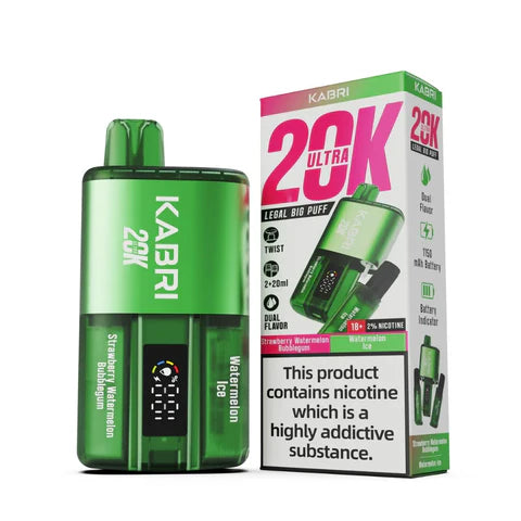 Kabri 20K Ultra Vape Pod Kit featuring the flavour pairing of Strawberry Watermelon Bubblegum and Watermelon Ice. The device is styled in a vibrant green finish, complementing its refreshing and fruity flavour profile. Highlighted on the packaging are the standout features of the product, such as its massive 20K puff capacity, dual-flavour twist technology, and a robust 1150mAh rechargeable battery. The pod kit also includes a convenient digital battery indicator and two 20ml e-liquid