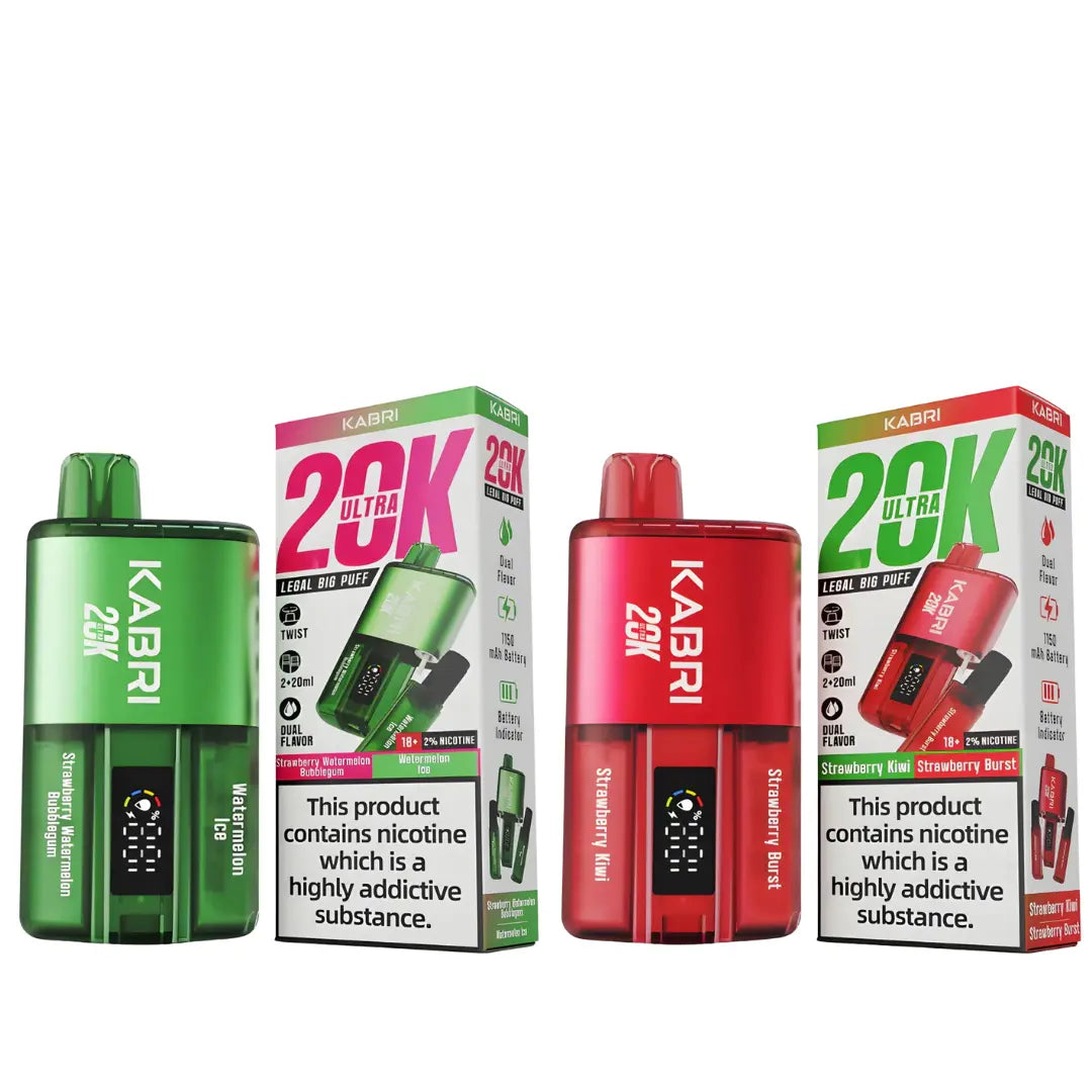 This image depicts the Kabri 20K Ultra Vape Pod Kit, featuring sleek, compact designs with dual-flavour options. The products are showcased in vibrant green and red, representing Watermelon Ice and Strawberry Kiwi/Strawberry Burst flavours. Each pod kit comes with a 20,000 puff capacity, TPD-compliant 2x20ml e-liquid pods, and a robust 1500mAh rechargeable battery for extended vaping sessions. 